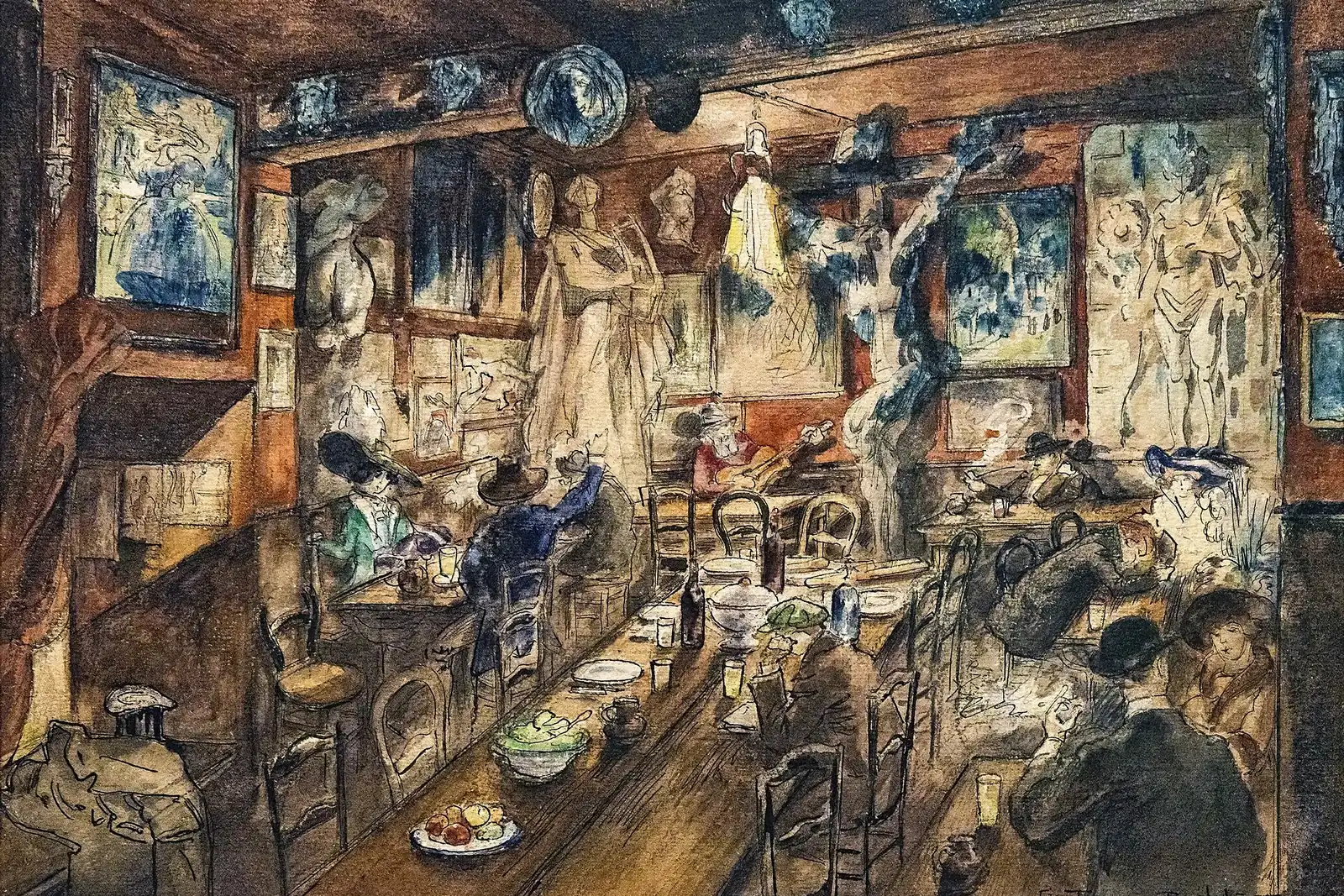 Peinture d'une salle de cabaret enfumée aux murs couverts de tableaux, où des clients attablés écoutent des artistes