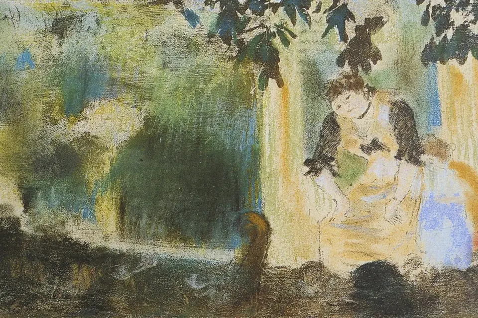 Pastel aux tons verts et dorés montrant une chanteuse éclairée sur une petite scène, entourée de feuillages et de lumières