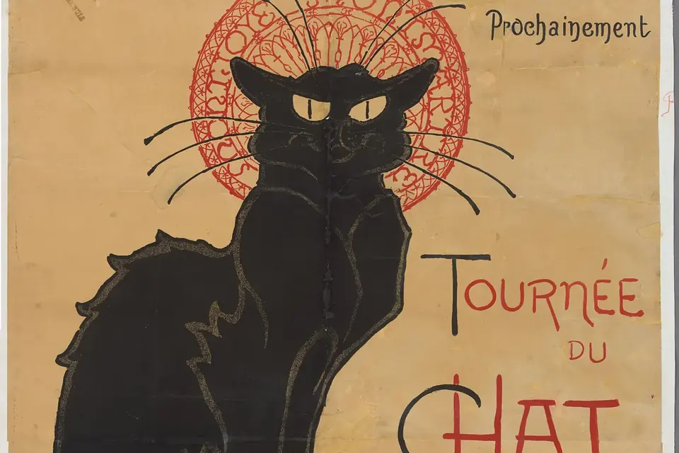 Affiche lithographiée montrant un grand chat noir assis devant un halo rouge, avec les mots Tournée du Chat Noir