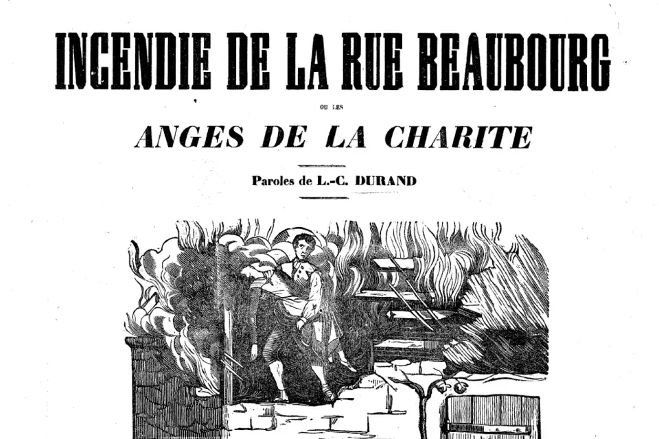 Feuille de chanson imprimée du XIXe siècle avec un grand titre en capitales et une gravure représentant un incendie