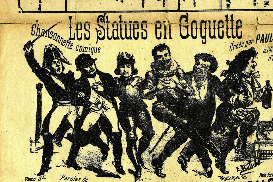 Couverture illustrée d'une chansonnette comique ancienne montrant des personnages en noir et blanc qui dansent sur fond jaune, avec les noms des auteurs
